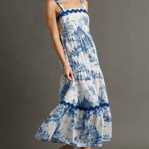 NWT Umgee Blue And White Landscape Tiered Dress With Ric Rac Trim